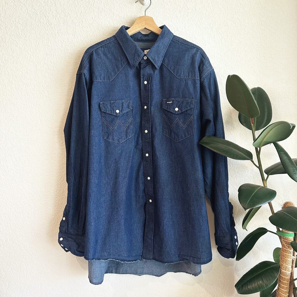 Wrangler Mens Denim Pearl Snap Button Up Shirt 2XL Western Cut Rodeo Cowboy Blue
